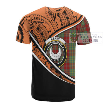 Leask Crest Tartan Cotton T-shirt with Polynesian Vibes Style - Orange Version