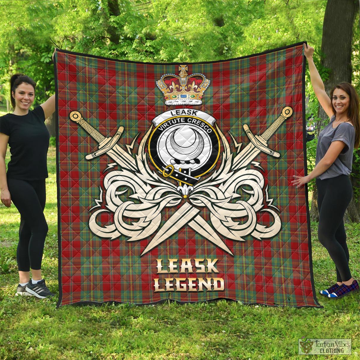 Tartan Vibes Clothing Leask Tartan Quilt with Clan Crest and the Golden Sword of Courageous Legacy