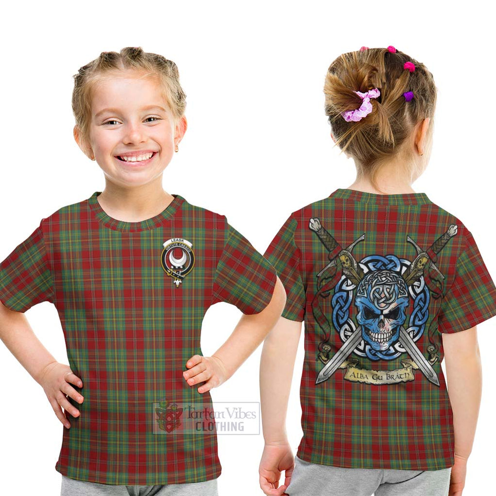 Leask Tartan Kid T-Shirt with Family Crest Celtic Skull Style - Tartan Vibes Clothing