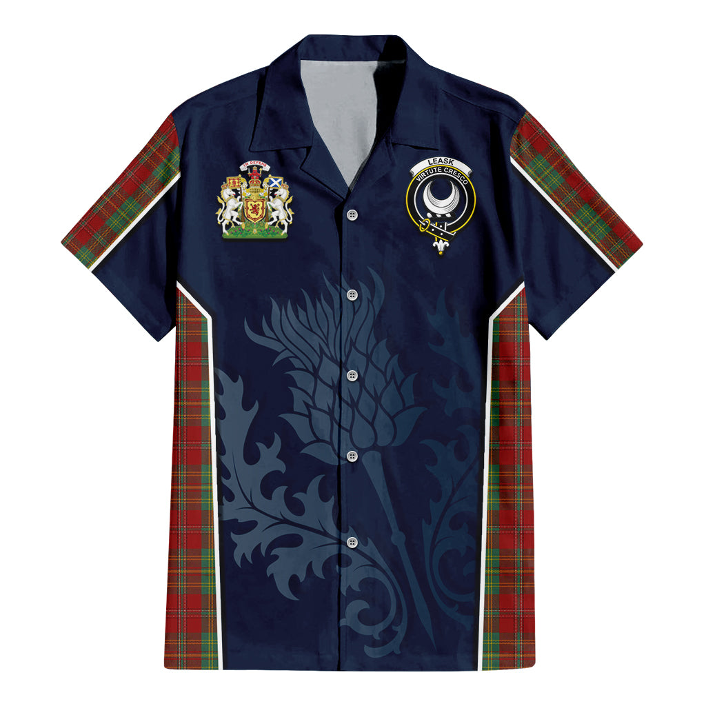 Tartan Vibes Clothing Leask Tartan Short Sleeve Button Up Shirt with Family Crest and Scottish Thistle Vibes Sport Style