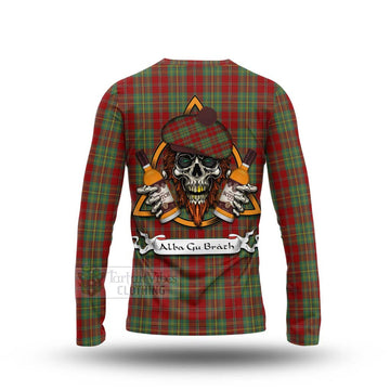 Leask Tartan Long Sleeve T-Shirt with Family Crest and Bearded Skull Holding Bottles of Whiskey