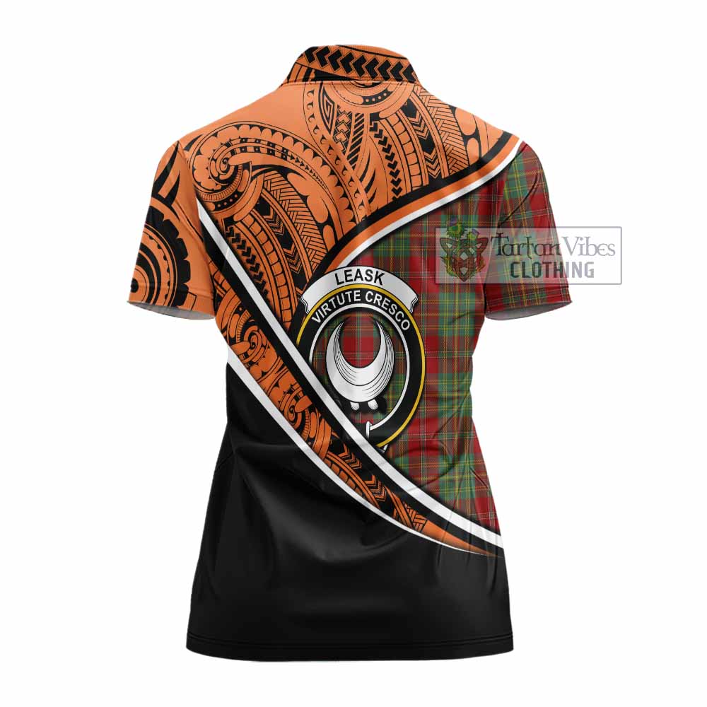 Tartan Vibes Clothing Leask Crest Tartan Women's Polo Shirt with Maori Tattoo Style - Orange Version