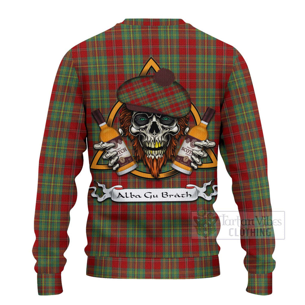 Tartan Vibes Clothing Leask Tartan Knitted Sweater with Family Crest and Bearded Skull Holding Bottles of Whiskey