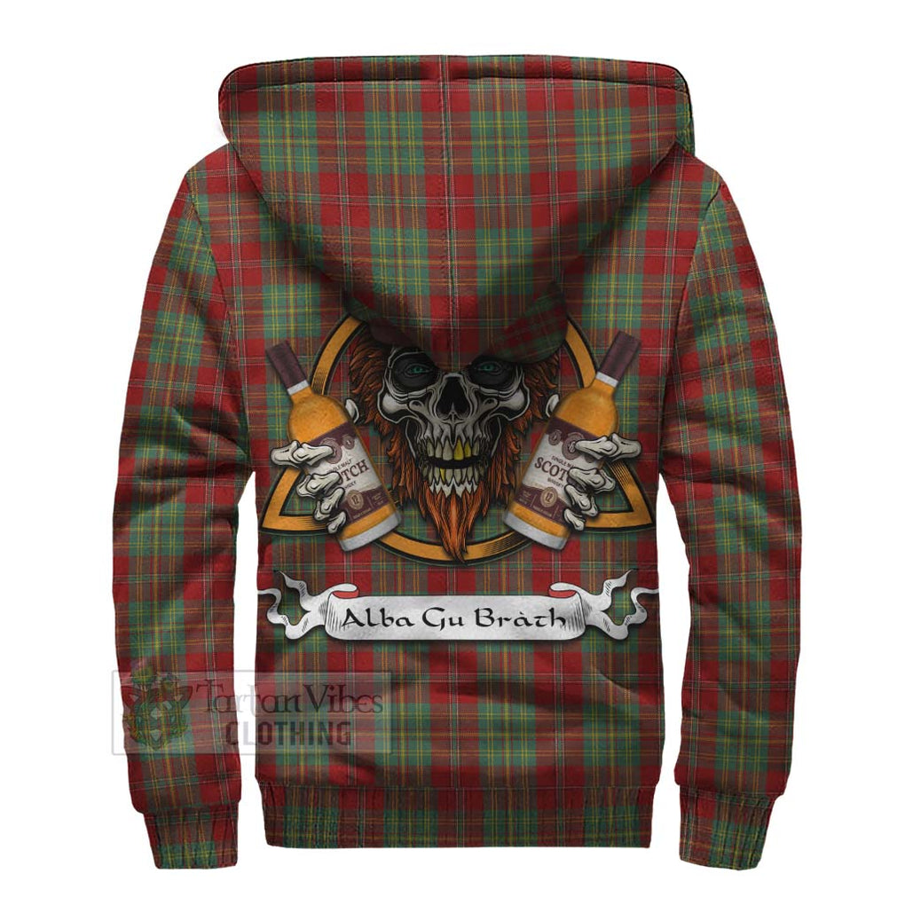 Tartan Vibes Clothing Leask Tartan Sherpa Hoodie with Family Crest and Bearded Skull Holding Bottles of Whiskey