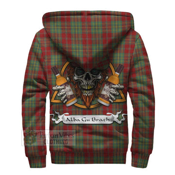 Leask Tartan Sherpa Hoodie with Family Crest and Bearded Skull Holding Bottles of Whiskey