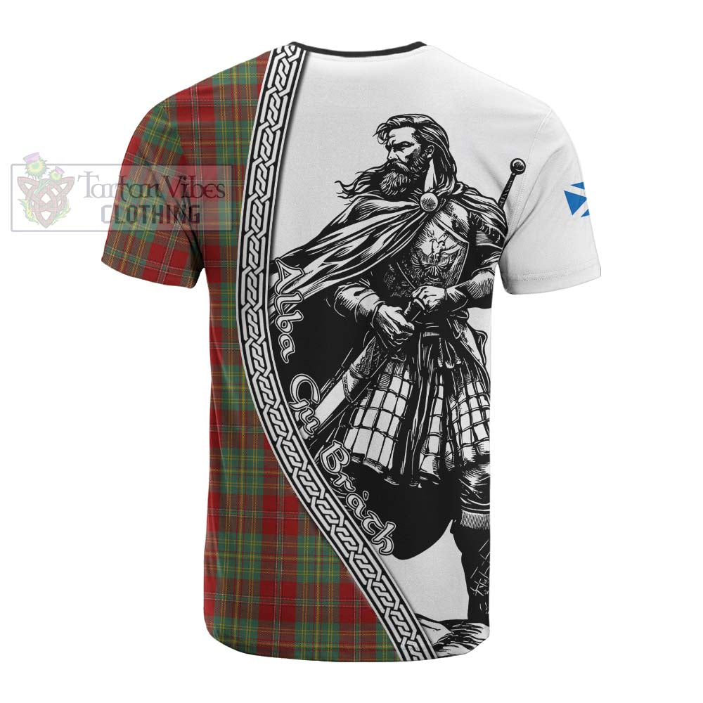 Leask Tartan Clan Crest Cotton T-shirt with Highlander Warrior Celtic Style