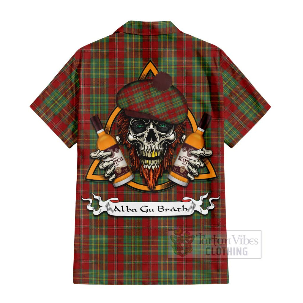 Tartan Vibes Clothing Leask Tartan Short Sleeve Button Shirt with Family Crest and Bearded Skull Holding Bottles of Whiskey