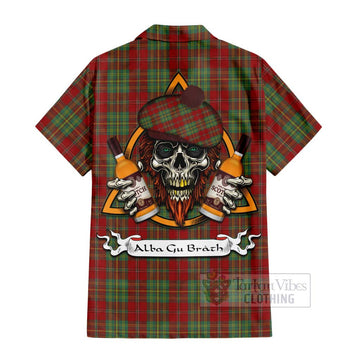 Leask Tartan Short Sleeve Button Shirt with Family Crest and Bearded Skull Holding Bottles of Whiskey