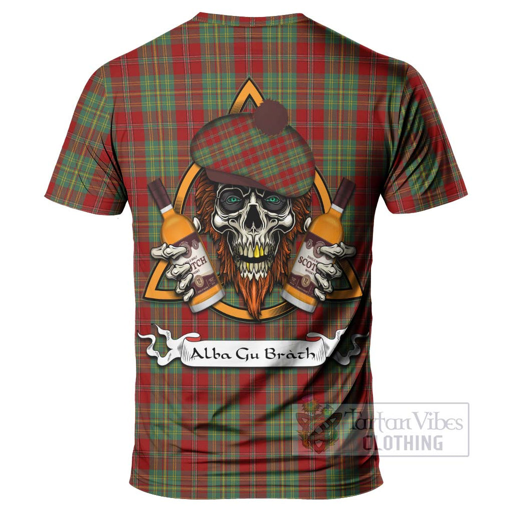 Tartan Vibes Clothing Leask Tartan T-Shirt with Family Crest and Bearded Skull Holding Bottles of Whiskey