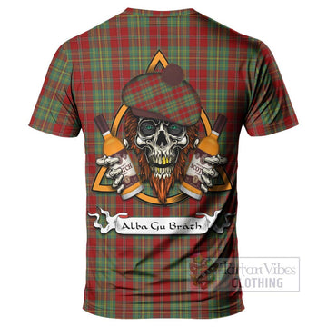 Leask Tartan T-Shirt with Family Crest and Bearded Skull Holding Bottles of Whiskey