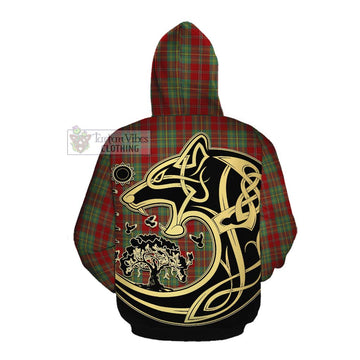 Leask Tartan Cotton Hoodie with Family Crest Celtic Wolf Style