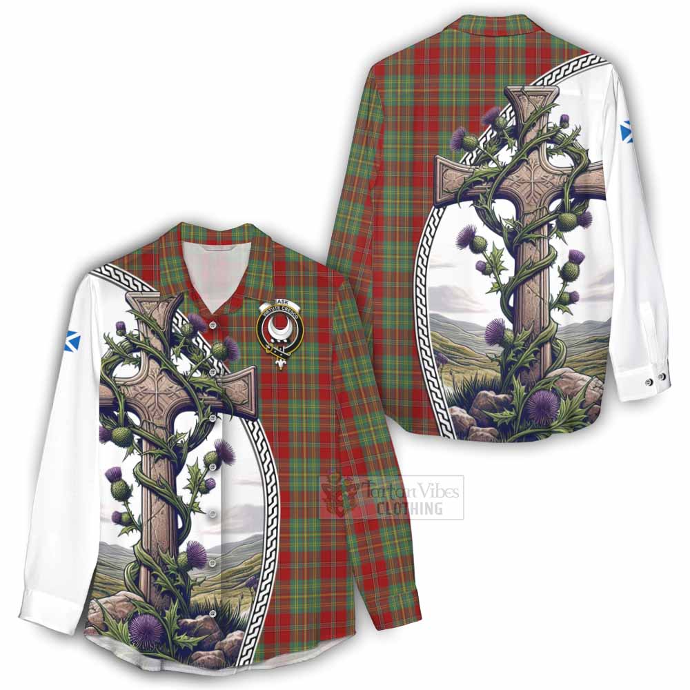 Tartan Vibes Clothing Leask Tartan Women's Casual Shirt with Family Crest and St. Andrew's Cross Accented by Thistle Vines