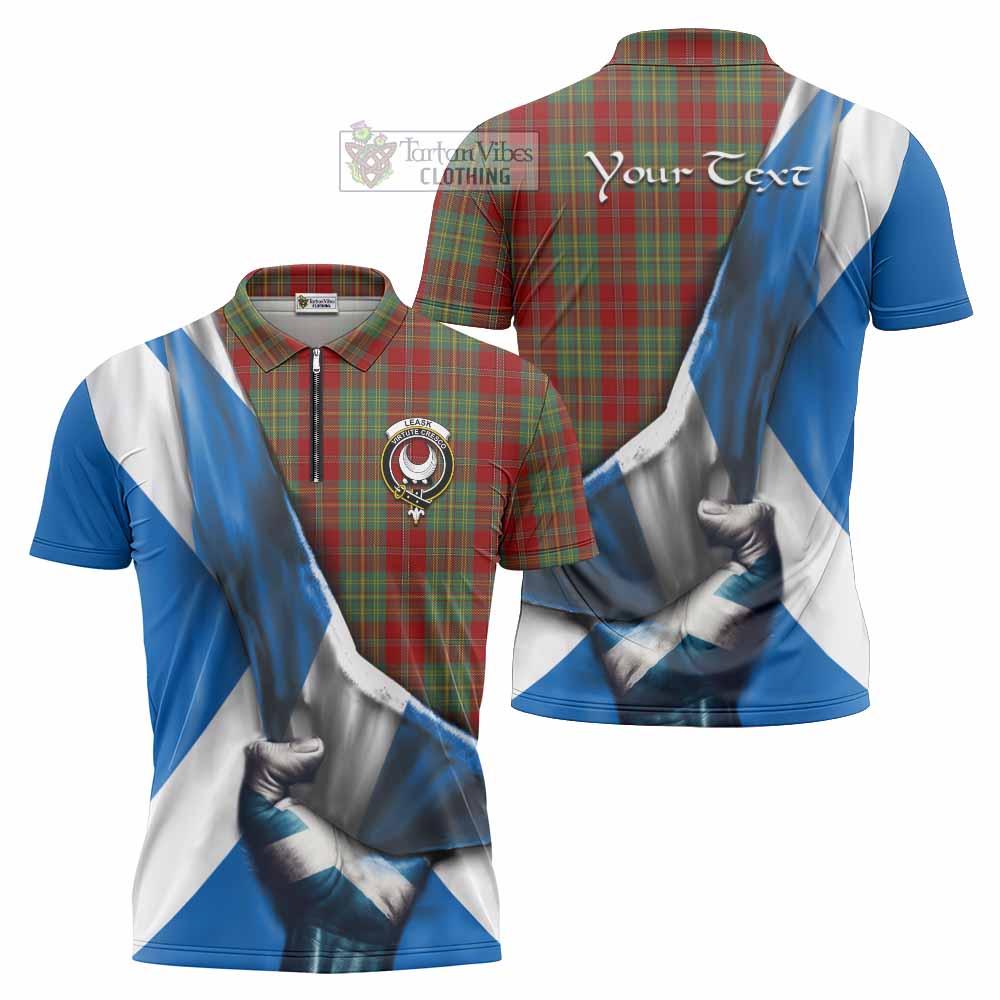 Tartan Vibes Clothing Leask Tartan Zipper Polo Shirt with Family Crest Scotland Patriotic Style