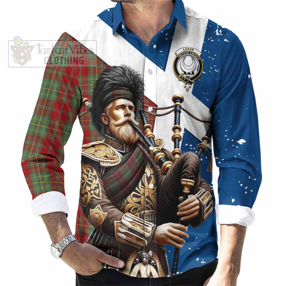 Tartan Vibes Clothing Leask Tartan Long Sleeve Button Shirt with Family Crest Scottish Bagpiper Vibes