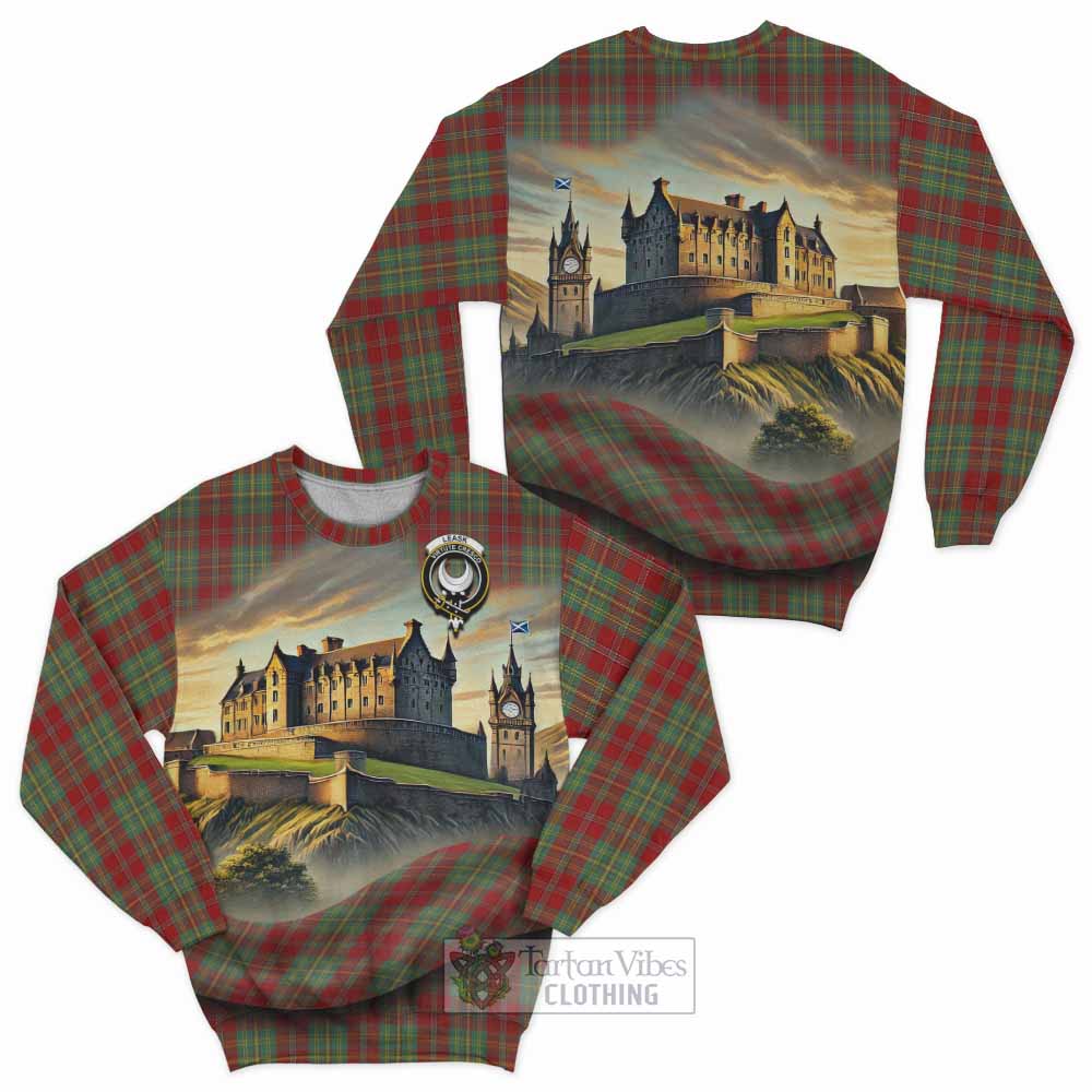Leask Tartan Family Crest Sweatshirt with Scottish Ancient Castle Style - Tartan Vibes Clothing