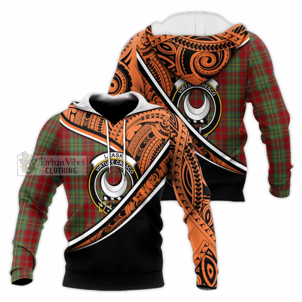 Tartan Vibes Clothing Leask Crest Tartan Knitted Hoodie with Maori Tattoo Style - Orange Version