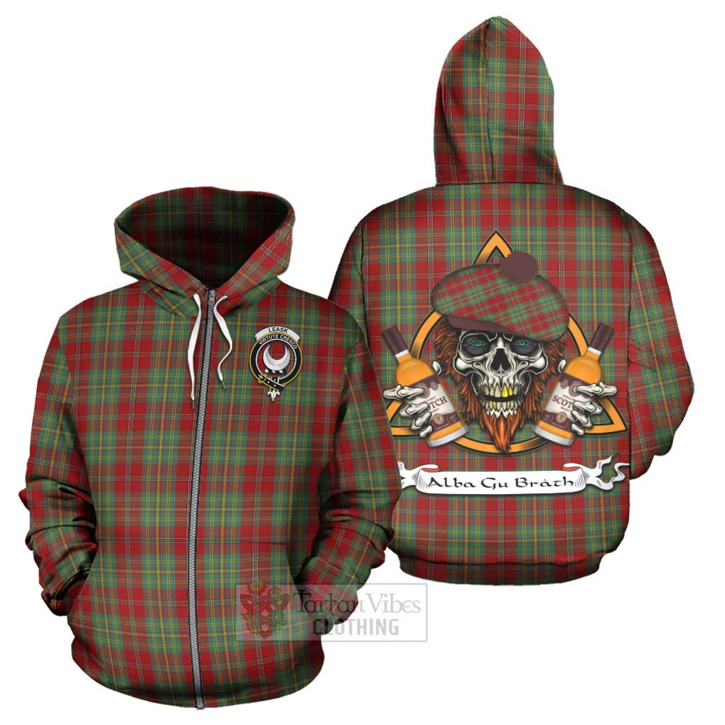 Tartan Vibes Clothing Leask Tartan Hoodie with Family Crest and Bearded Skull Holding Bottles of Whiskey