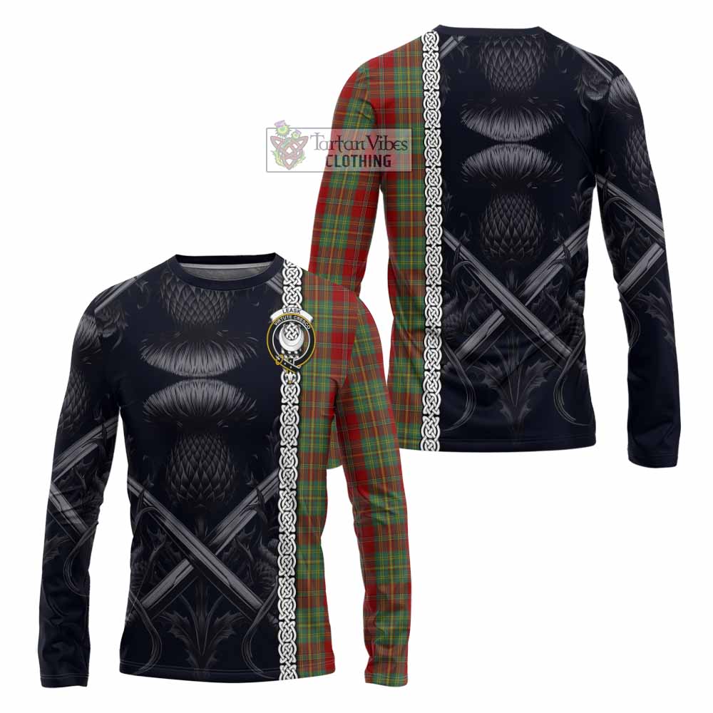 Tartan Vibes Clothing Leask Tartan Long Sleeve T-Shirt with Family Crest Cross Sword Thistle Celtic Vibes