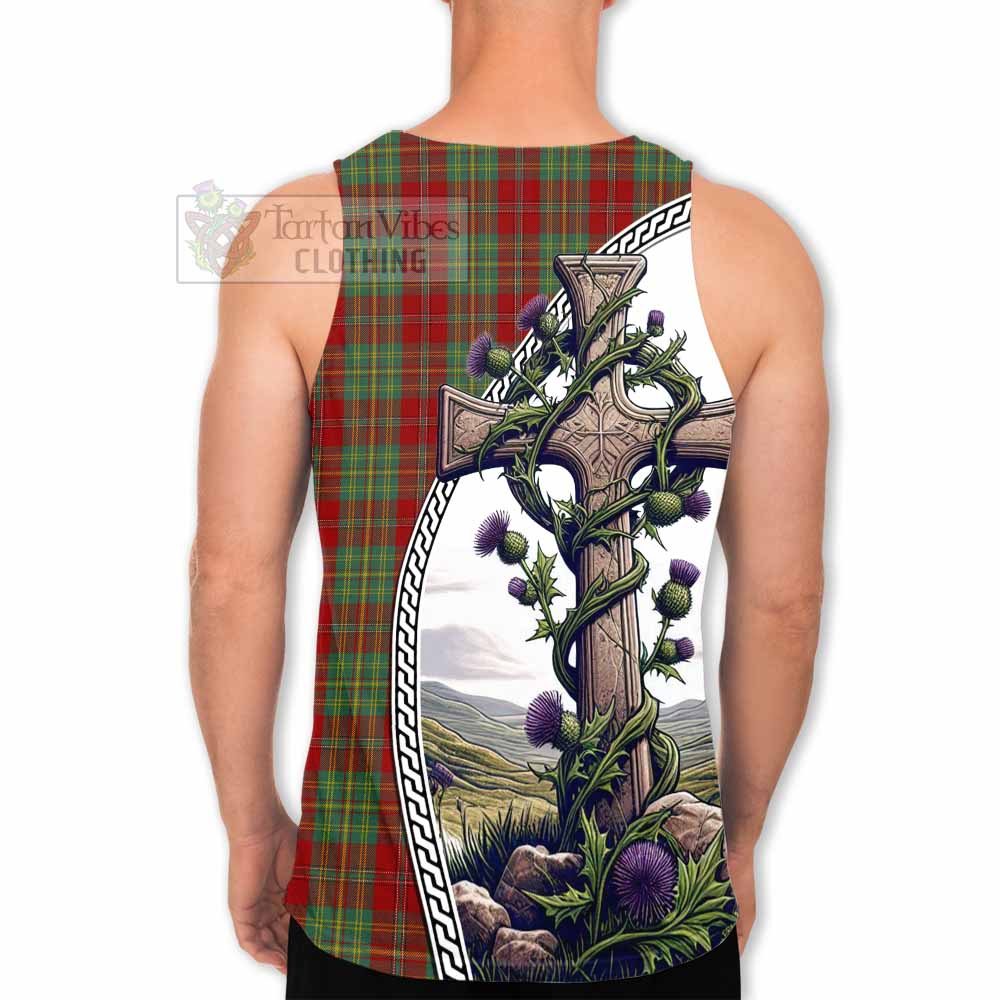 Tartan Vibes Clothing Leask Tartan Men's Tank Top with Family Crest and St. Andrew's Cross Accented by Thistle Vines