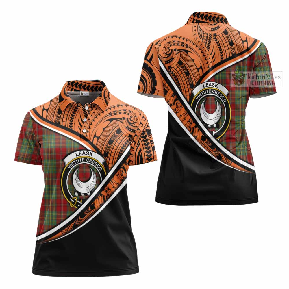 Tartan Vibes Clothing Leask Crest Tartan Women's Polo Shirt with Maori Tattoo Style - Orange Version