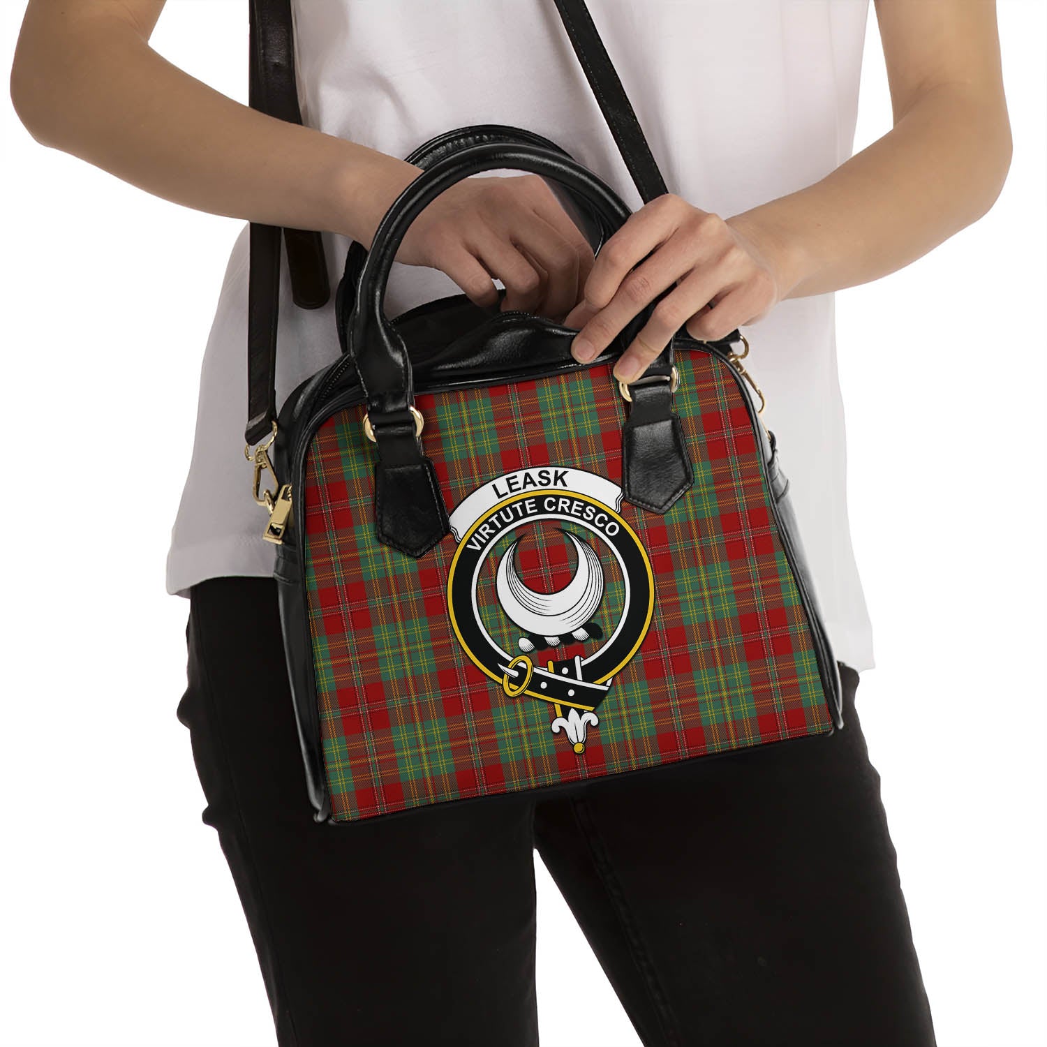 Leask Tartan Shoulder Handbags with Family Crest - Tartanvibesclothing