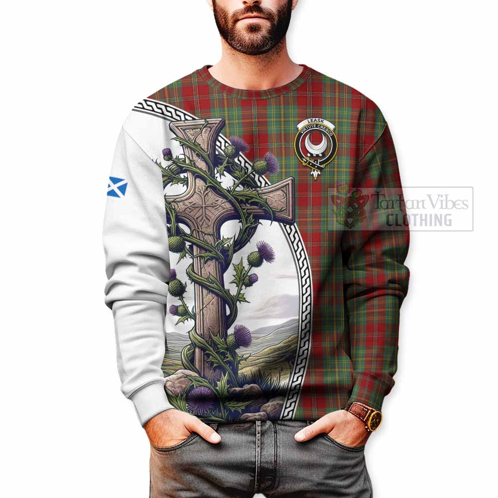 Tartan Vibes Clothing Leask Tartan Sweatshirt with Family Crest and St. Andrew's Cross Accented by Thistle Vines