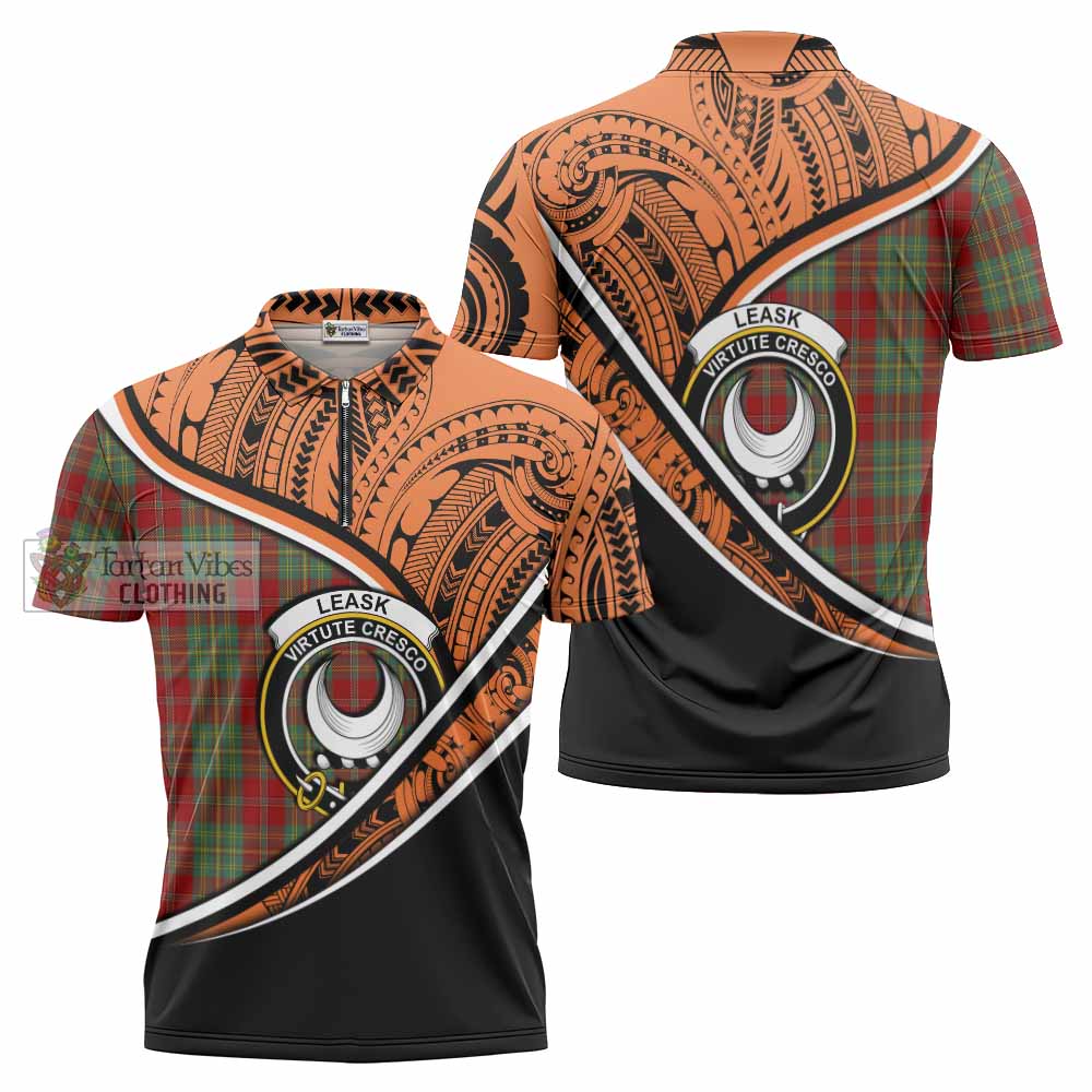 Tartan Vibes Clothing Leask Crest Tartan Zipper Polo Shirt with Maori Tattoo Style - Orange Version