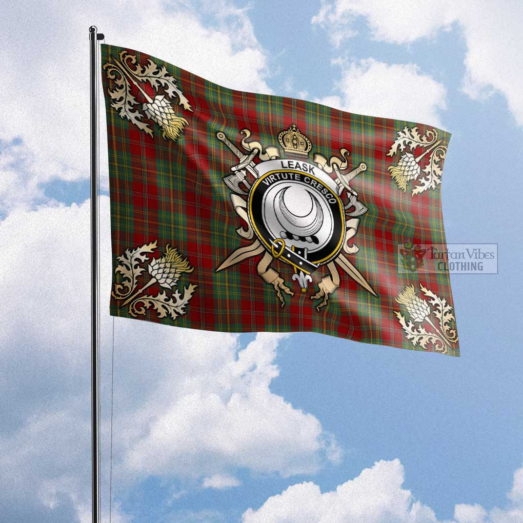 Tartan Vibes Clothing Leask Tartan Flag with Family Crest and Golden Thistle Crossed Sword Design