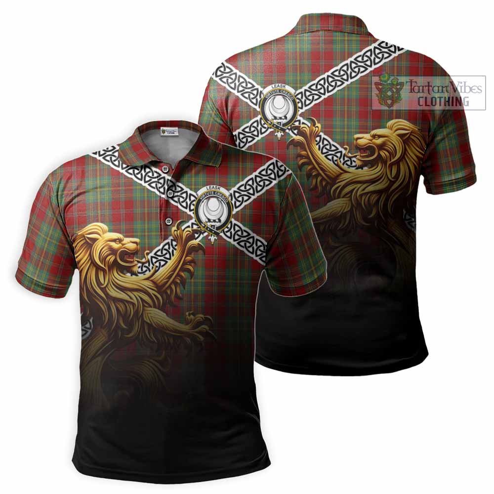 Leask Crest Tartan Polo Shirt with Golden Lion Emblem Celtic Style - Tartan Vibes Clothing