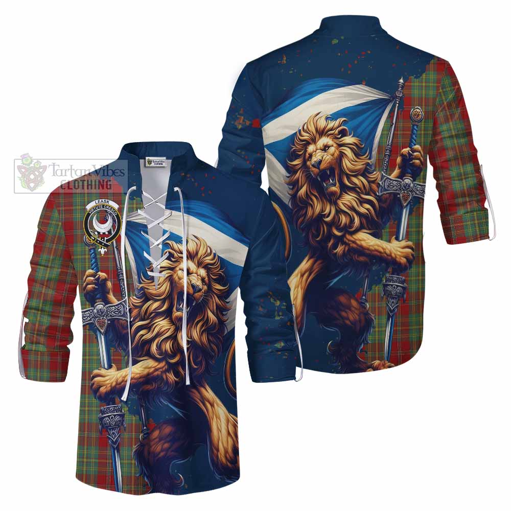 Tartan Vibes Clothing Leask Tartan Family Crest Ghillie Kilt Shirt with Scottish Majestic Lion