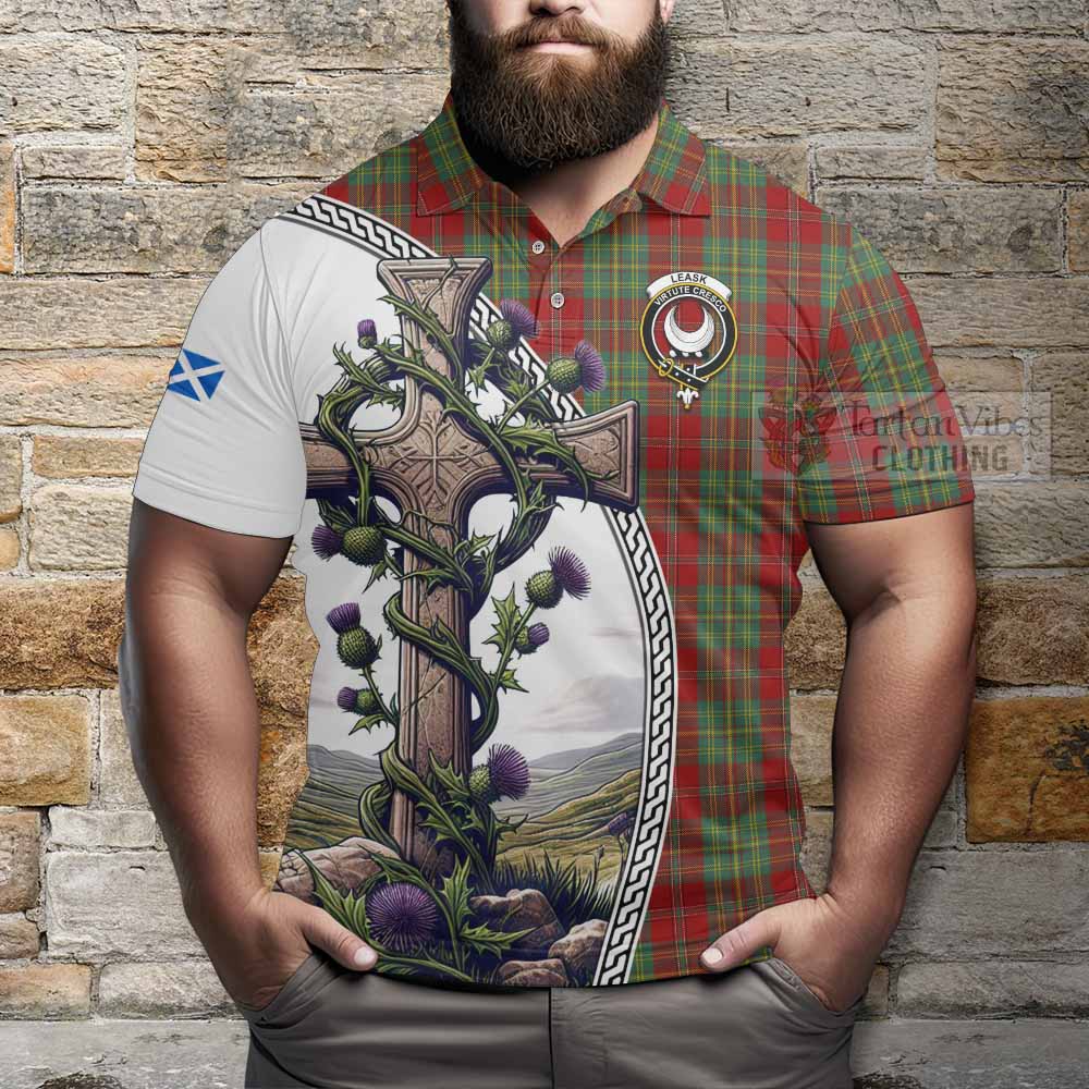 Tartan Vibes Clothing Leask Tartan Polo Shirt with Family Crest and St. Andrew's Cross Accented by Thistle Vines