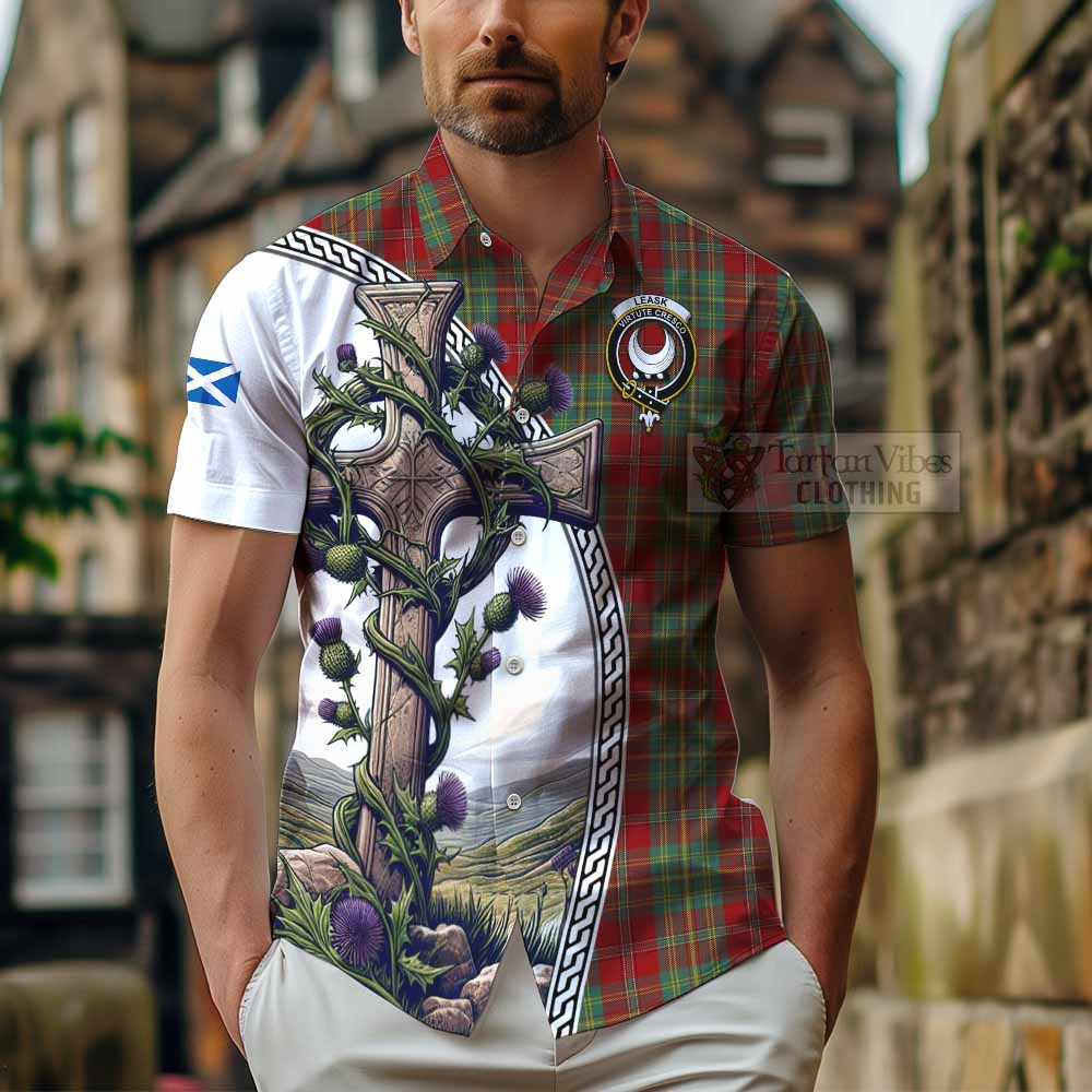 Tartan Vibes Clothing Leask Tartan Short Sleeve Button Shirt with Family Crest and St. Andrew's Cross Accented by Thistle Vines