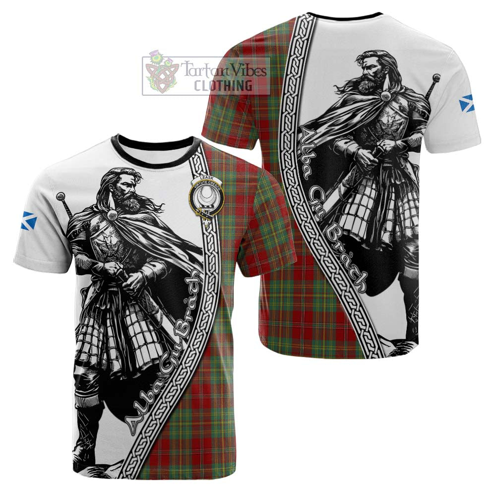 Leask Tartan Clan Crest Cotton T-shirt with Highlander Warrior Celtic Style