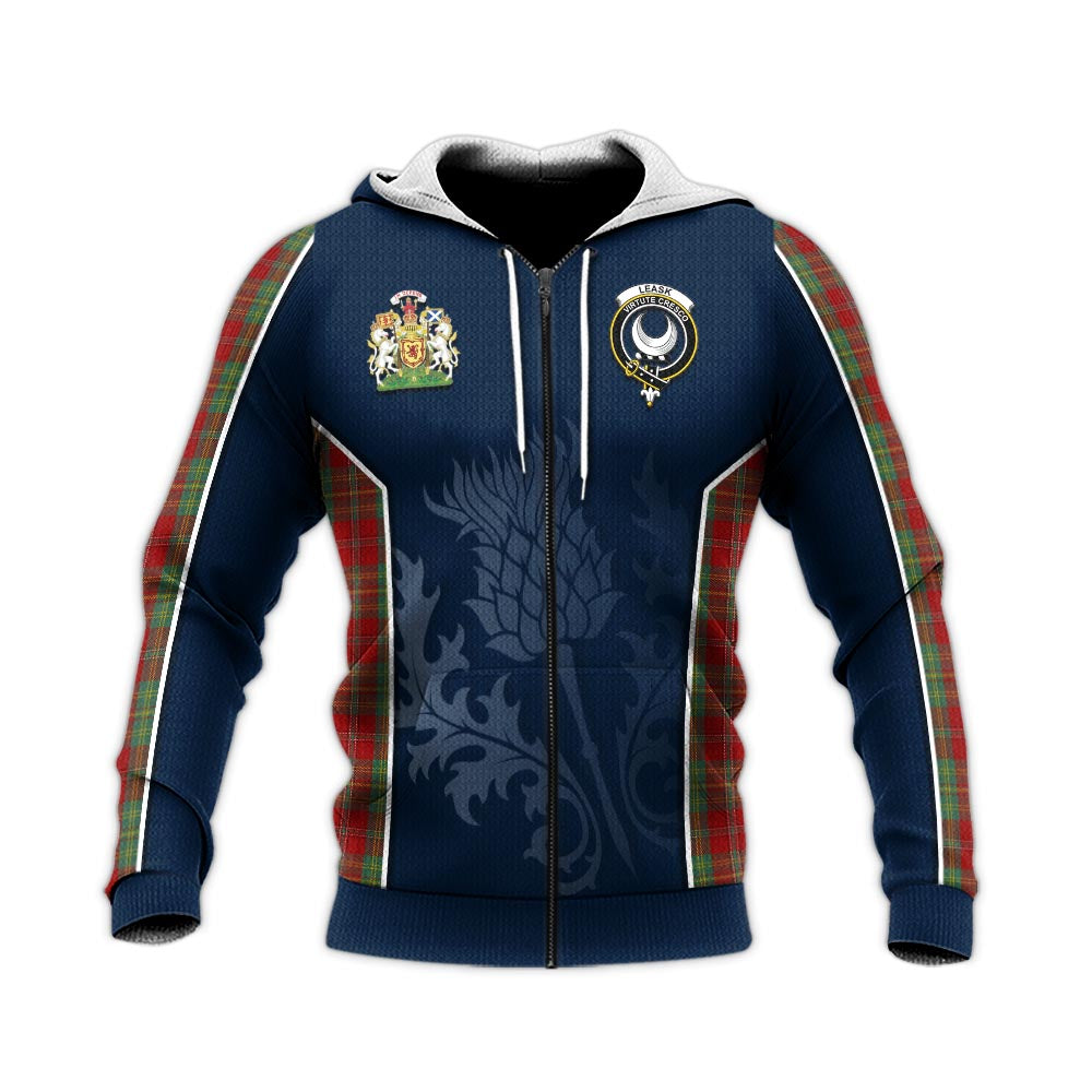 Tartan Vibes Clothing Leask Tartan Knitted Hoodie with Family Crest and Scottish Thistle Vibes Sport Style