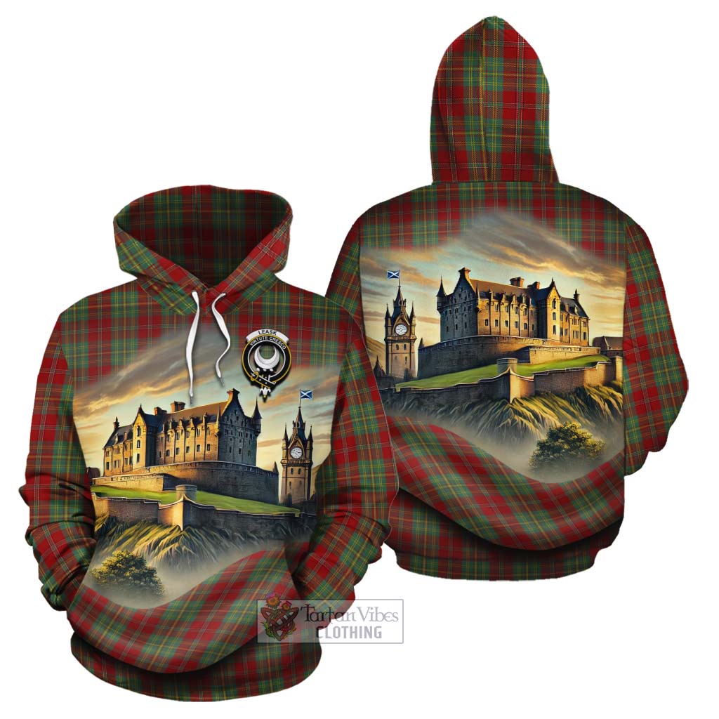 Leask Tartan Family Crest Cotton Hoodie with Scottish Ancient Castle Style - Tartan Vibes Clothing
