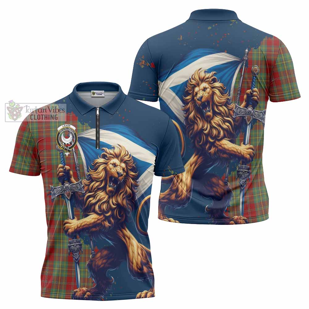 Tartan Vibes Clothing Leask Tartan Family Crest Zipper Polo Shirt with Scottish Majestic Lion