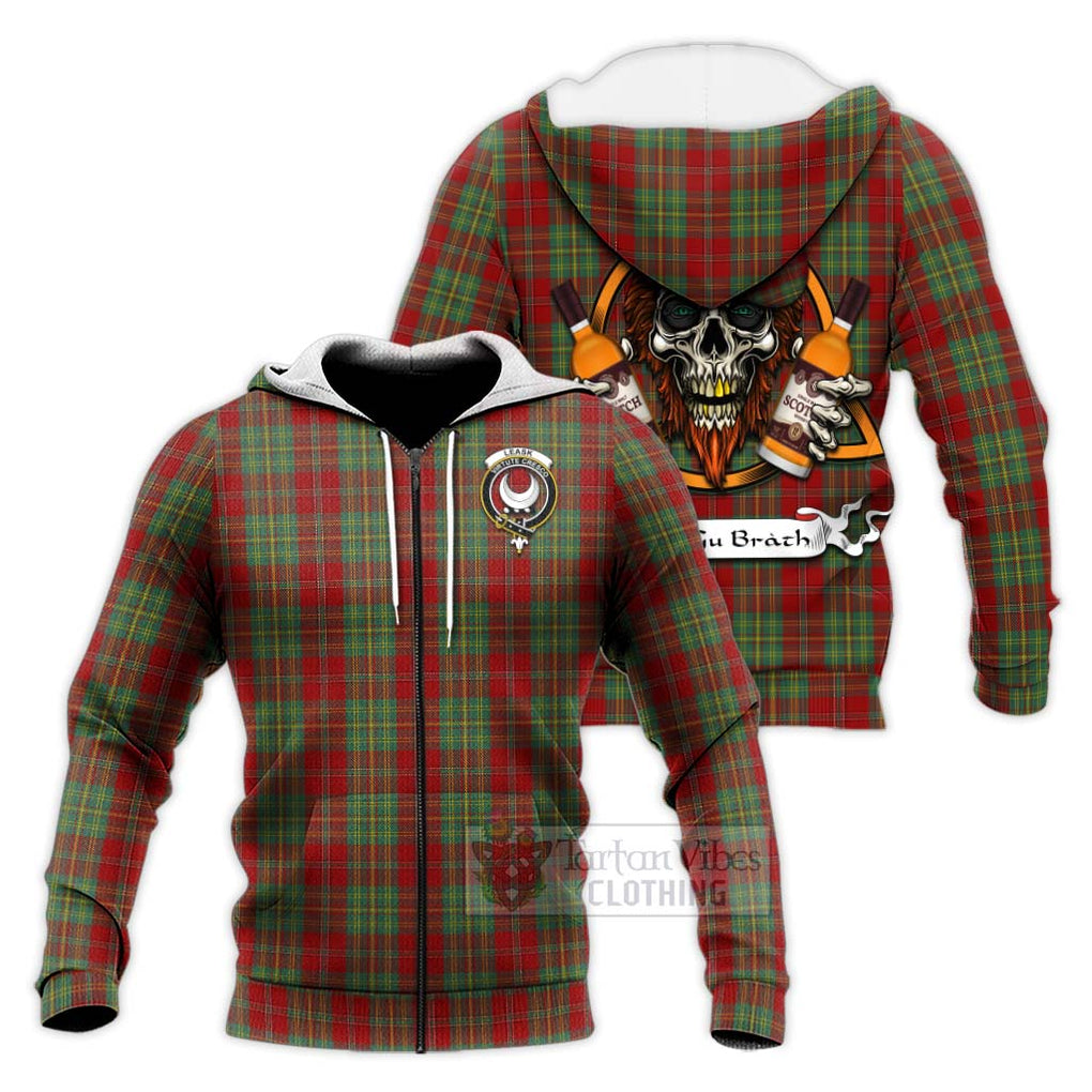 Tartan Vibes Clothing Leask Tartan Knitted Hoodie with Family Crest and Bearded Skull Holding Bottles of Whiskey