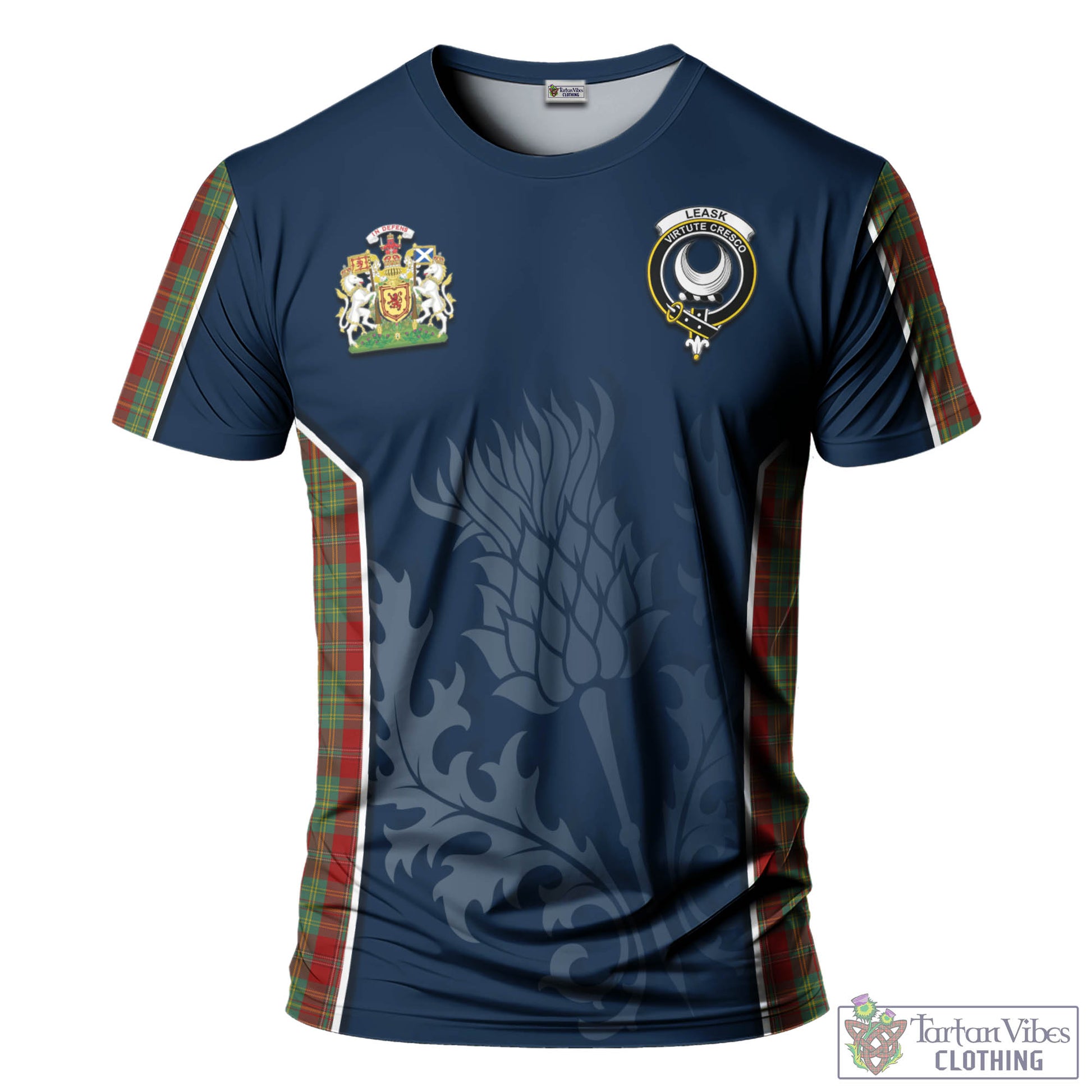 Tartan Vibes Clothing Leask Tartan T-Shirt with Family Crest and Scottish Thistle Vibes Sport Style