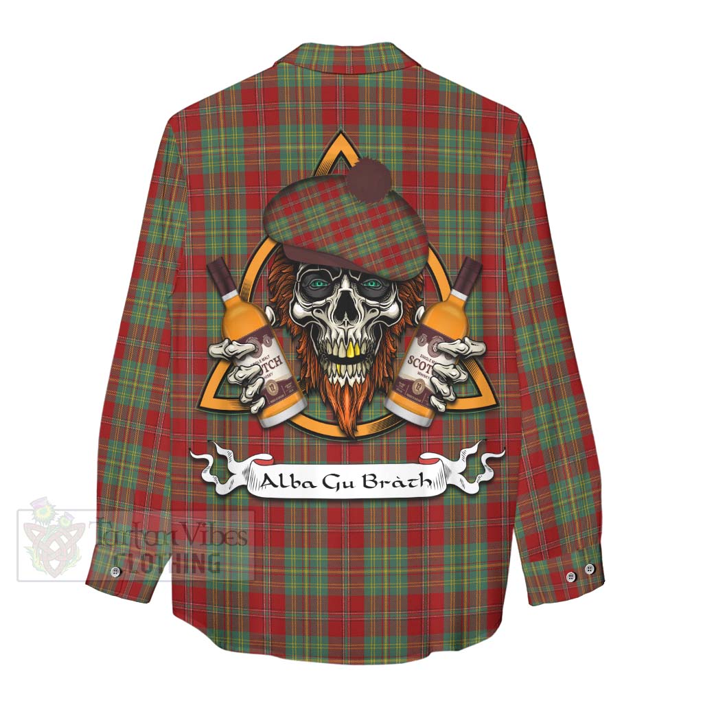 Tartan Vibes Clothing Leask Tartan Women's Casual Shirt with Family Crest and Bearded Skull Holding Bottles of Whiskey