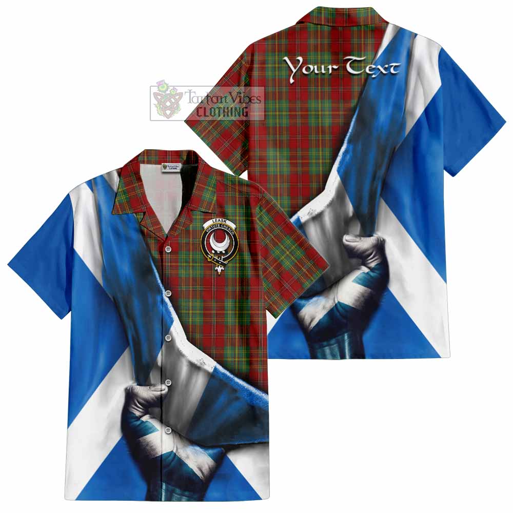 Tartan Vibes Clothing Leask Tartan Short Sleeve Button Shirt with Family Crest Scotland Patriotic Style