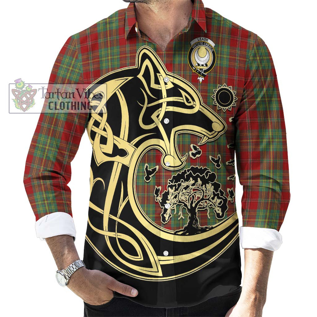 Leask Tartan Long Sleeve Button Shirt with Family Crest Celtic Wolf Style - Tartan Vibes Clothing