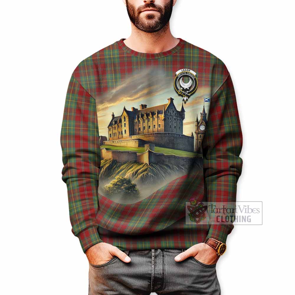 Leask Tartan Family Crest Sweatshirt with Scottish Ancient Castle Style - Tartan Vibes Clothing