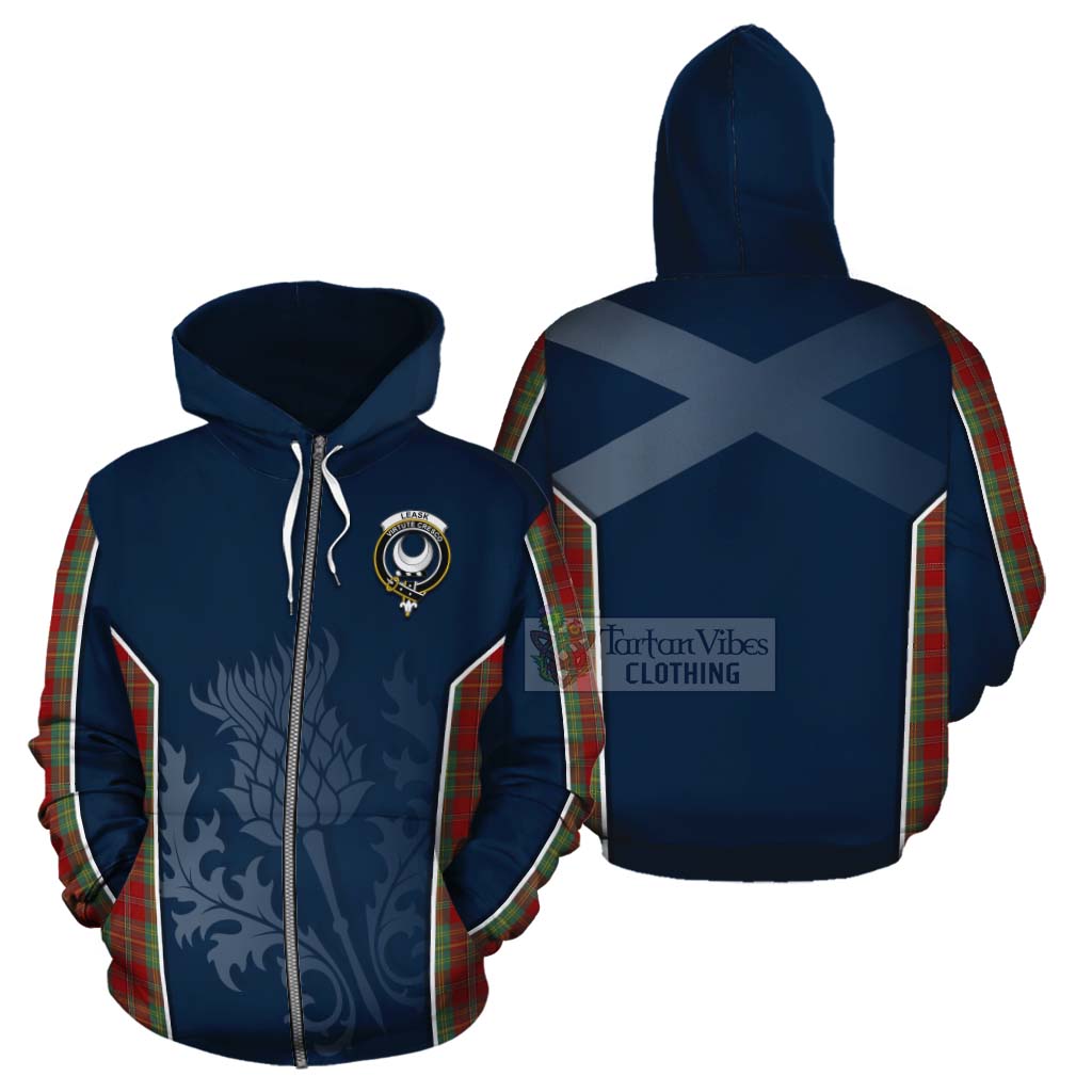 Tartan Vibes Clothing Leask Tartan Cotton Hoodie with Family Crest and Scottish Thistle Vibes Sport Style