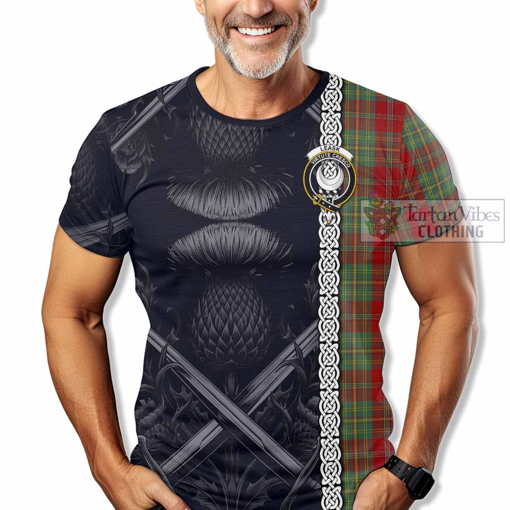 Tartan Vibes Clothing Leask Tartan T-Shirt with Family Crest Cross Sword Thistle Celtic Vibes