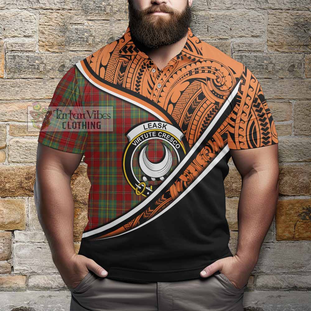 Tartan Vibes Clothing Leask Crest Tartan Polo Shirt with Maori Tattoo Style - Orange Version