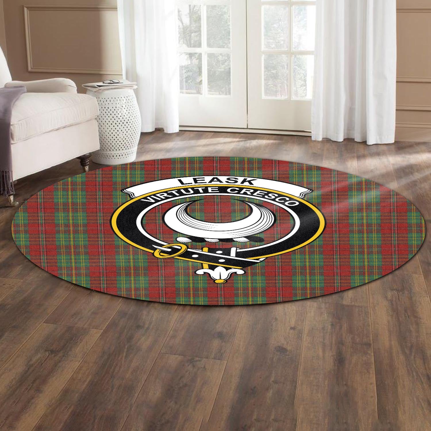 leask-tartan-round-rug-with-family-crest