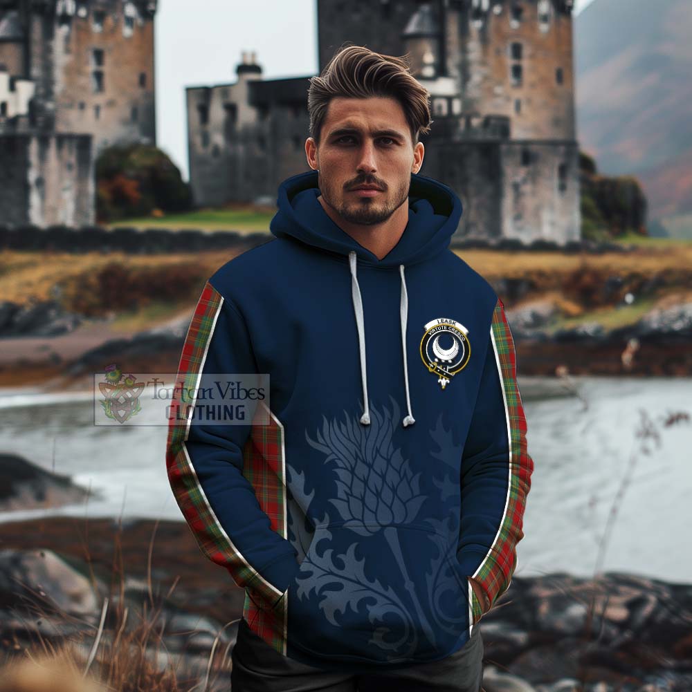 Tartan Vibes Clothing Leask Tartan Cotton Hoodie with Family Crest and Scottish Thistle Vibes Sport Style