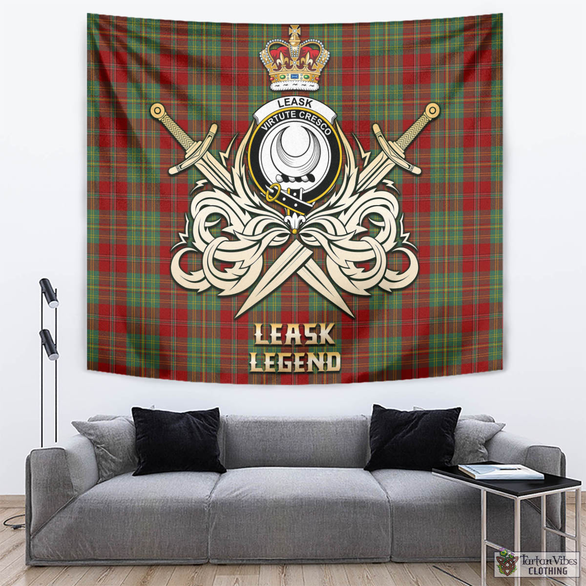 Tartan Vibes Clothing Leask Tartan Tapestry with Clan Crest and the Golden Sword of Courageous Legacy