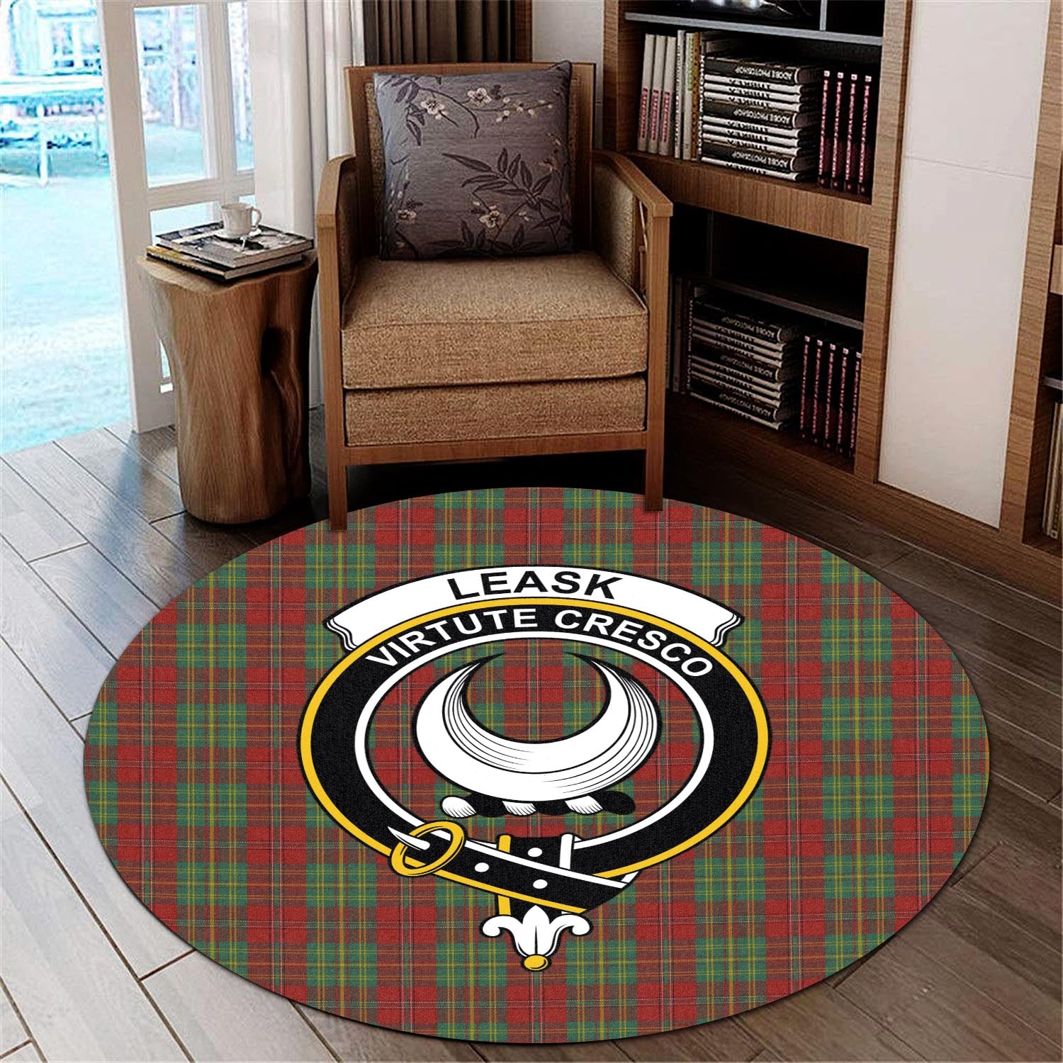 leask-tartan-round-rug-with-family-crest