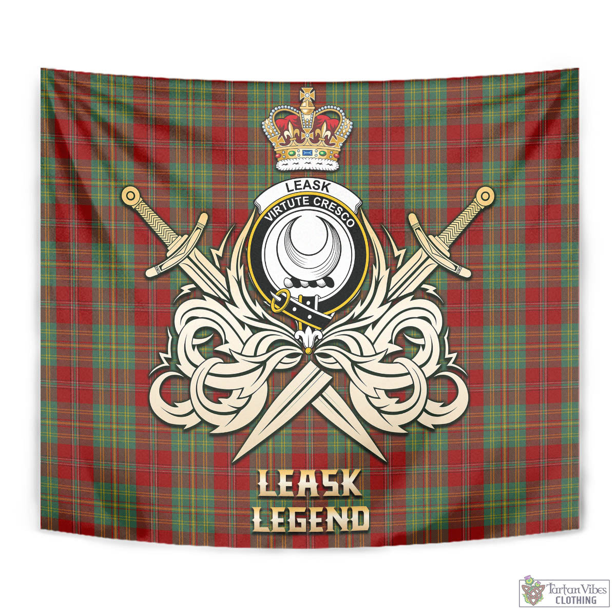 Tartan Vibes Clothing Leask Tartan Tapestry with Clan Crest and the Golden Sword of Courageous Legacy